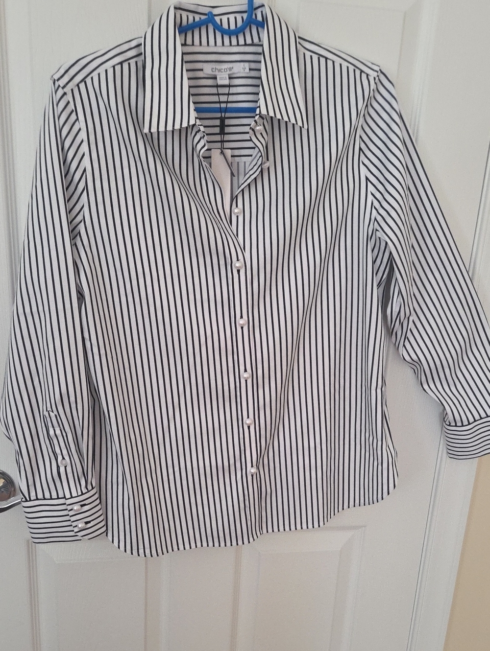 Chico's No Iron Button-Down Shirt with Silver Lurex/ink Vertical Stripes